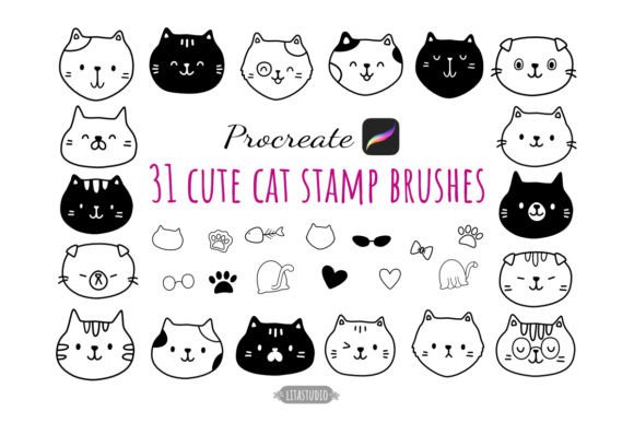 Cute Cat Stamp Procreate: 31 Stamps for DIY